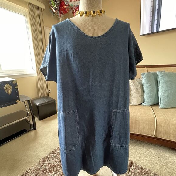 Women's XXL Denim Midi Dress Modest Country Western Short Sleeve Pockets Boho - Picture 2 of 12